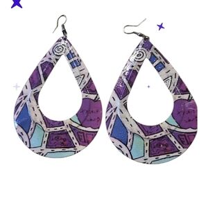 Large Purple & Teal Geometric Teardrop Earrings